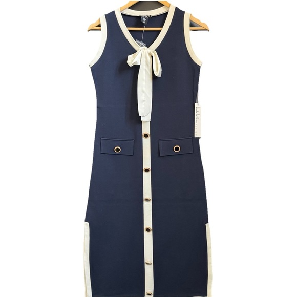 NWT Nicole Miller Sz Small  Navy Blue Midi Dress Button Front Bow Tie Classy - Picture 1 of 7